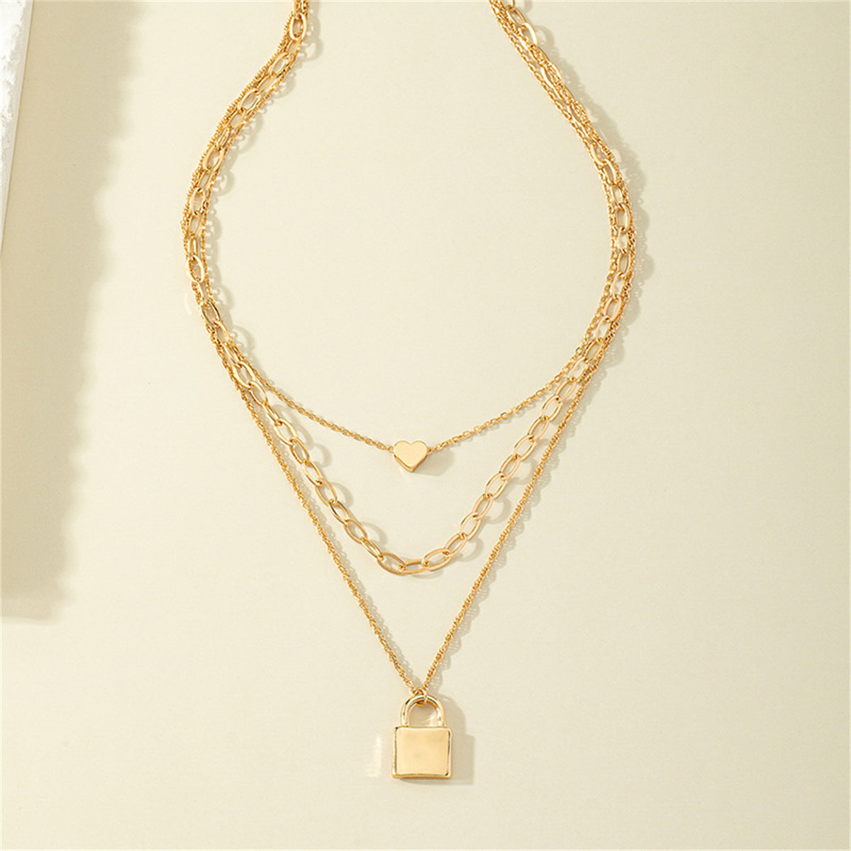 18K Gold-Plated Heart & Lock Layered Pendant Necklace