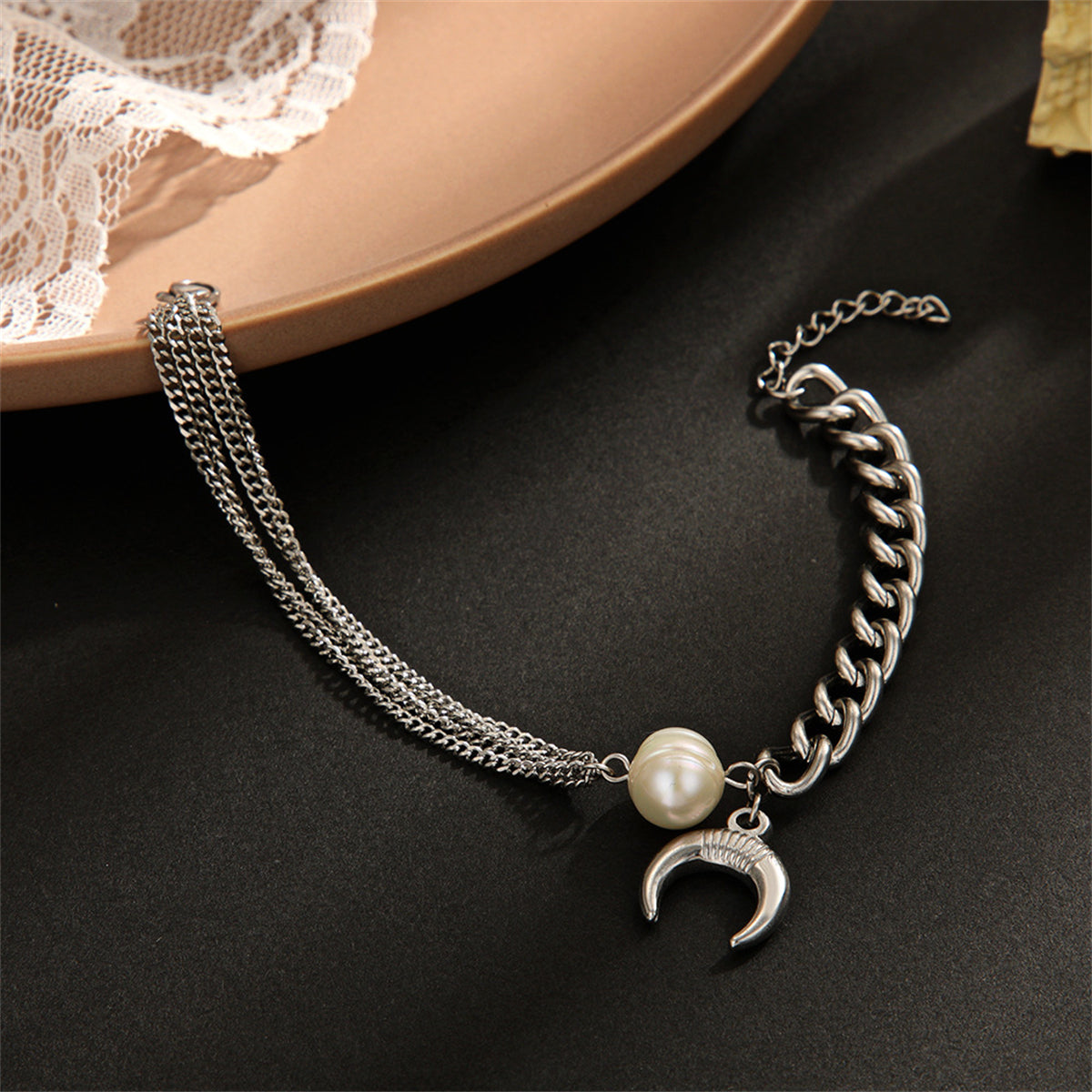 Pearl & Stainless Steel Moon Layered Charm Bracelet