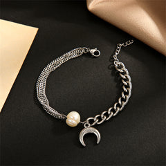 Pearl & Stainless Steel Moon Layered Charm Bracelet