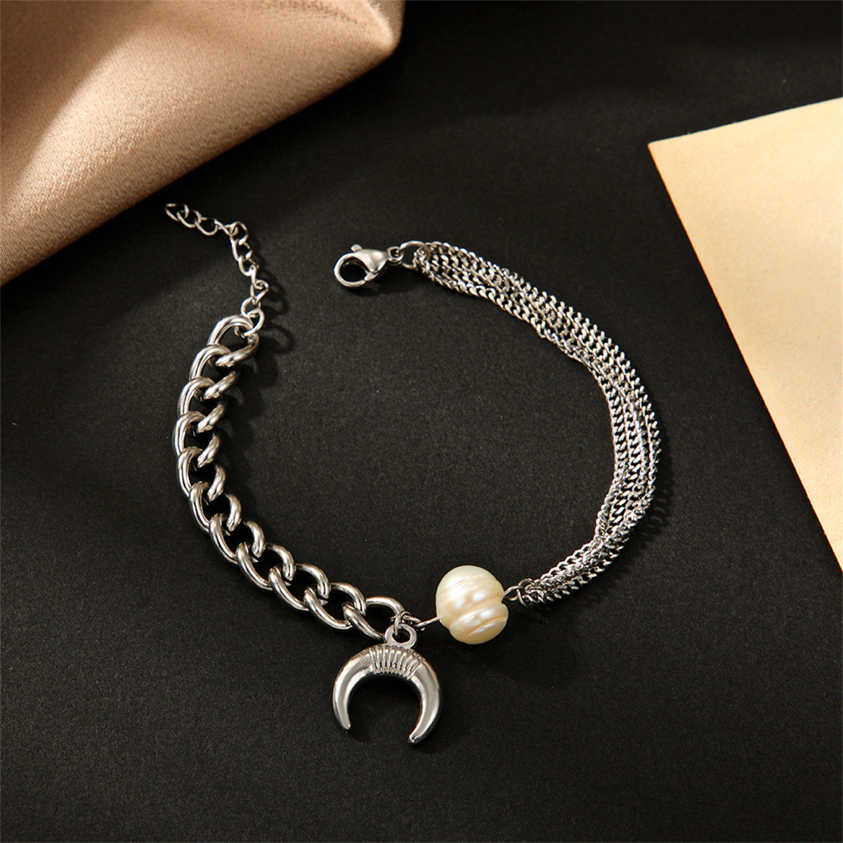 Pearl & Stainless Steel Moon Layered Charm Bracelet