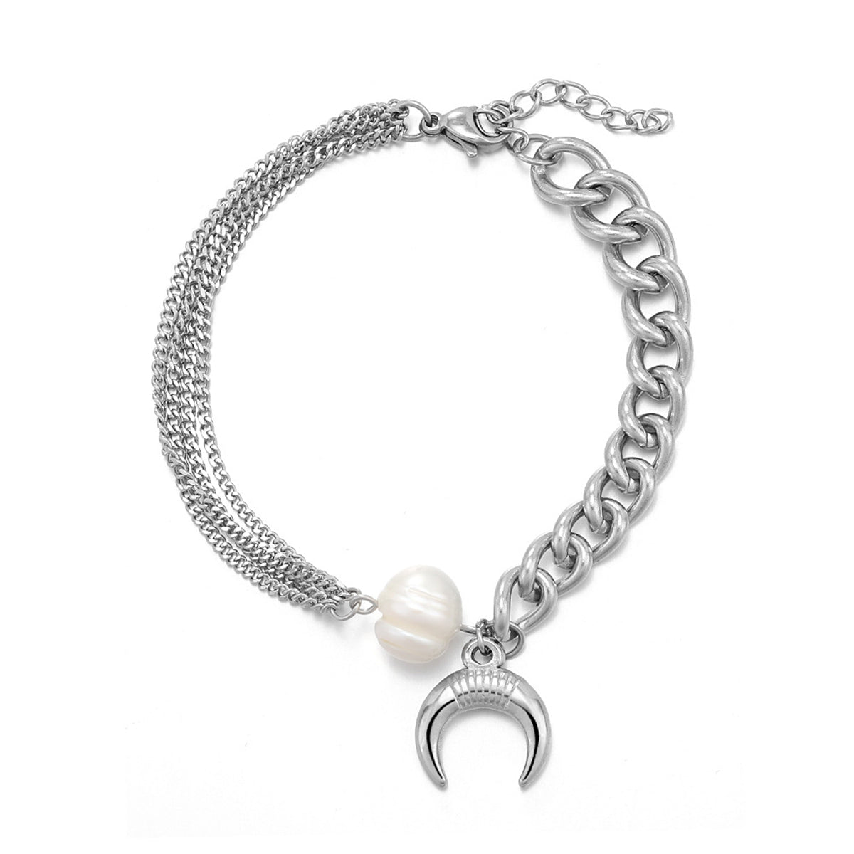 Pearl & Stainless Steel Moon Layered Charm Bracelet