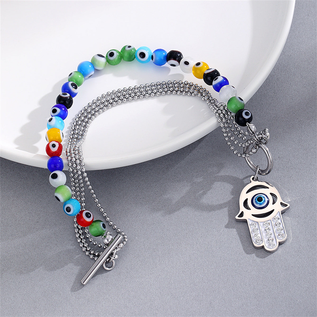 Blue & Green Cubic Zirconia-Accent Hamsa Charm Bracelet