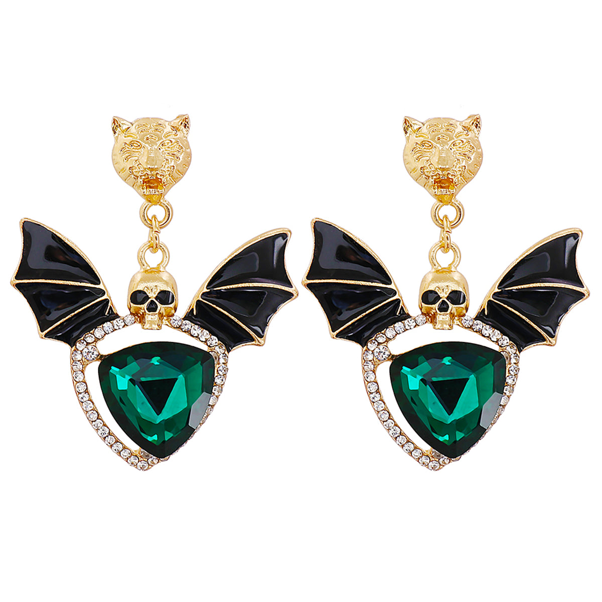 Green Crystal & Cubic Zirconia Skull Bat Drop Earrings