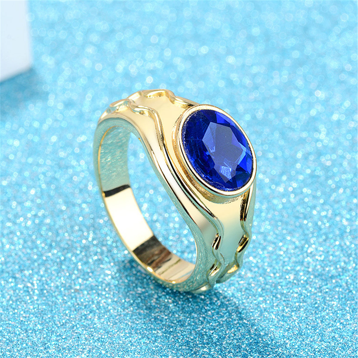 Blue Oval Crystal & 18K Gold-Plated Band Ring