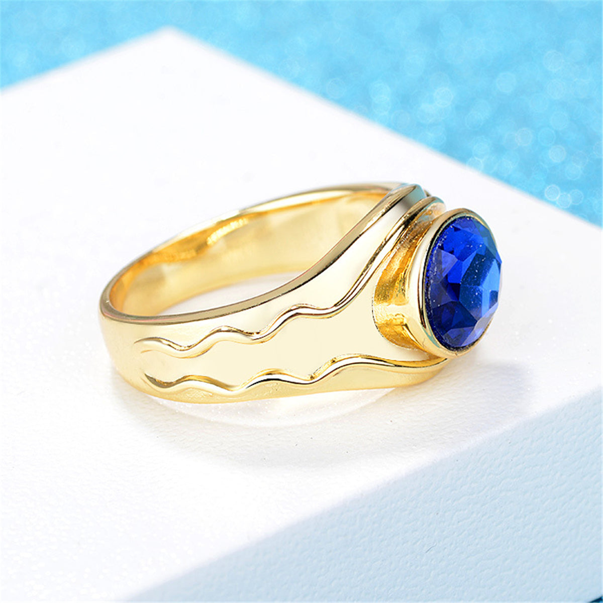 Blue Oval Crystal & 18K Gold-Plated Band Ring