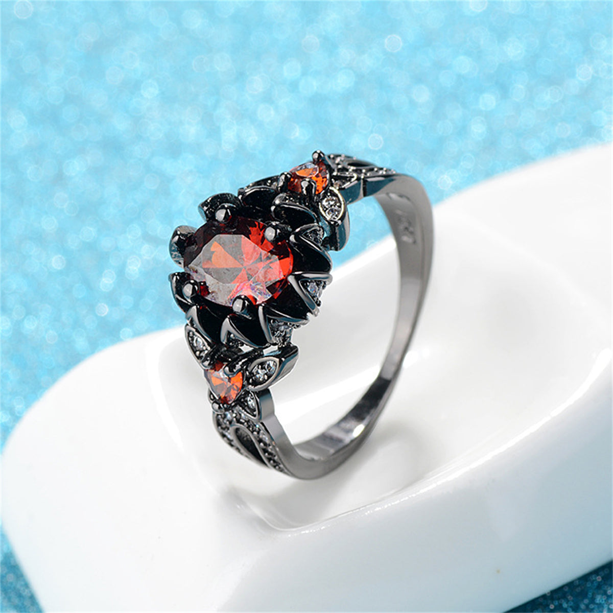 Red Crystal & Cubic Zirconia Flower Butterfly Ring