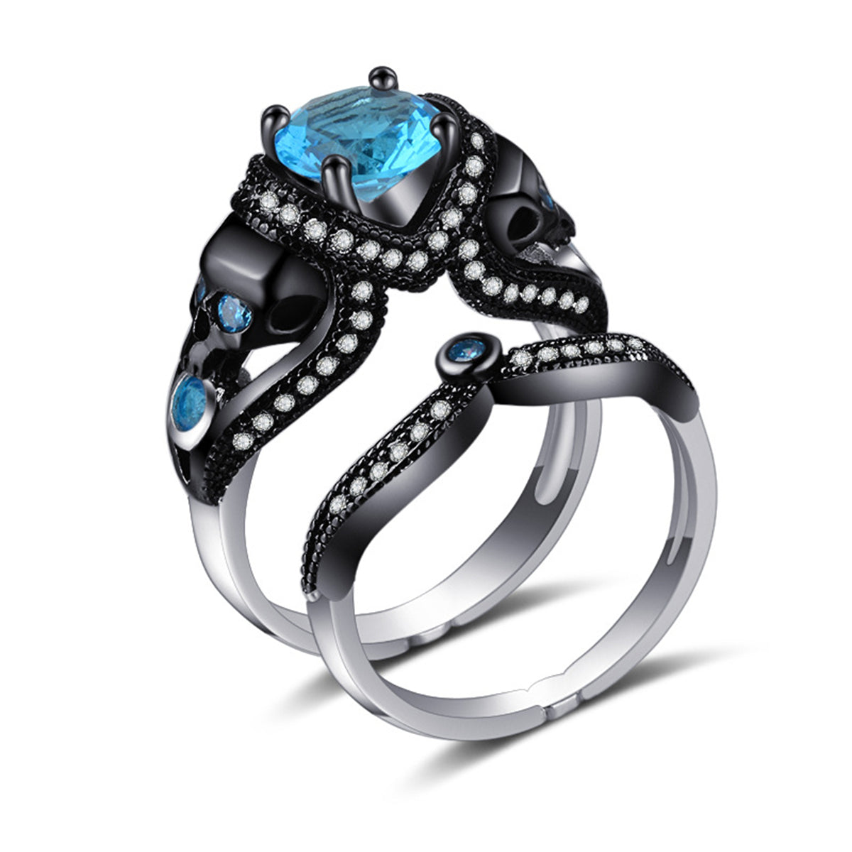 Blue Crystal & Cubic Zirconia Skull Heart Ring Set