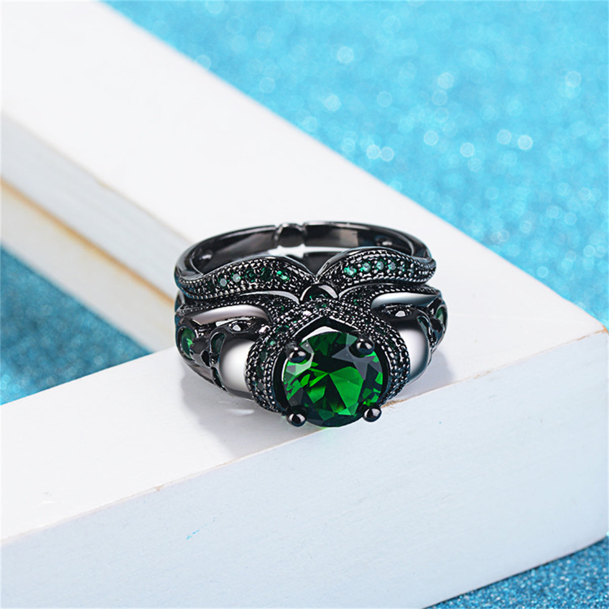 Green Crystal & Cubic Zirconia Skull Heart Ring Set