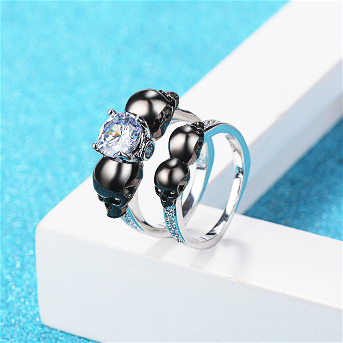 Crystal & Cubic Zirconia Two-Tone Skull Ring Set