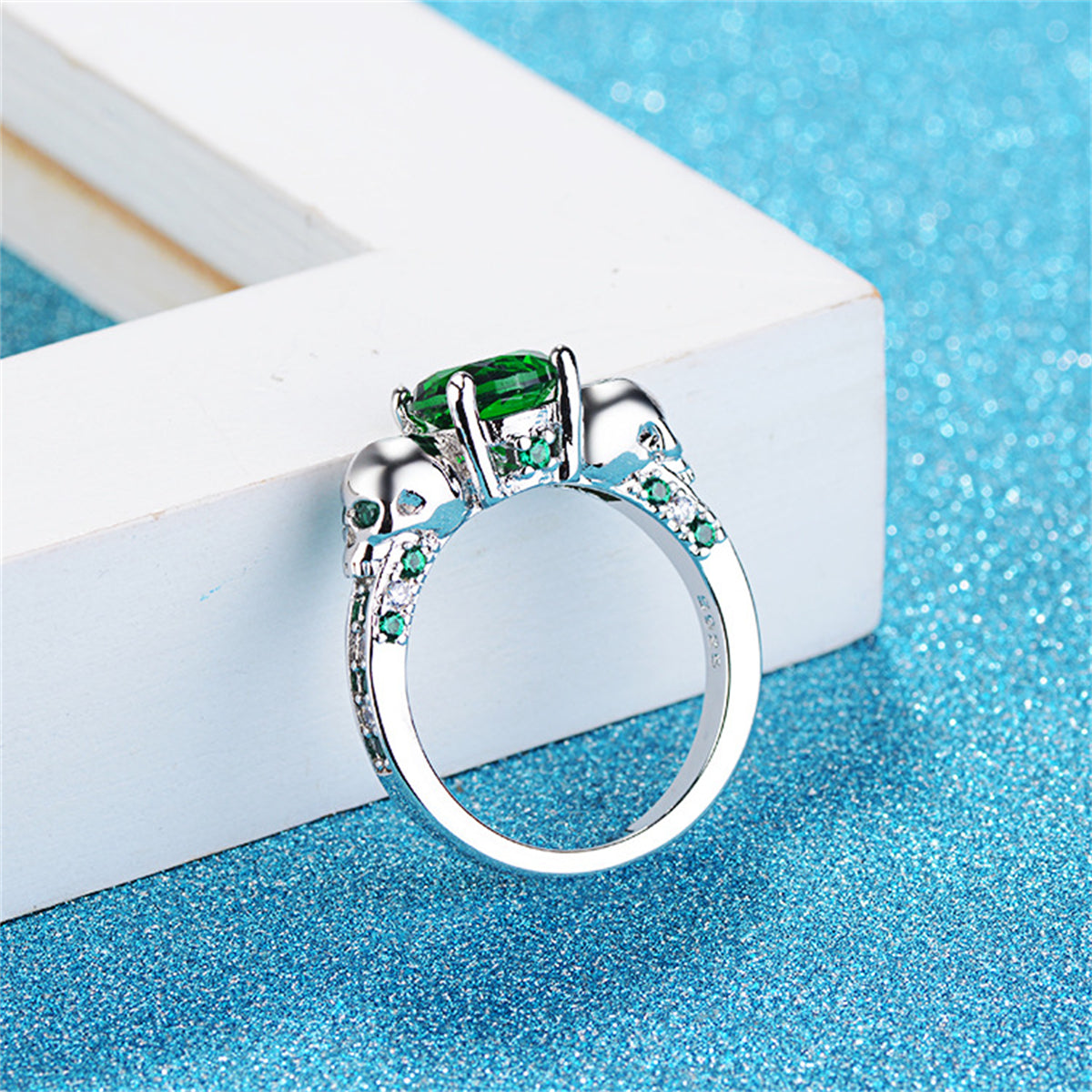 Green Crystal & Cubic Zirconia Skull-Accent Ring