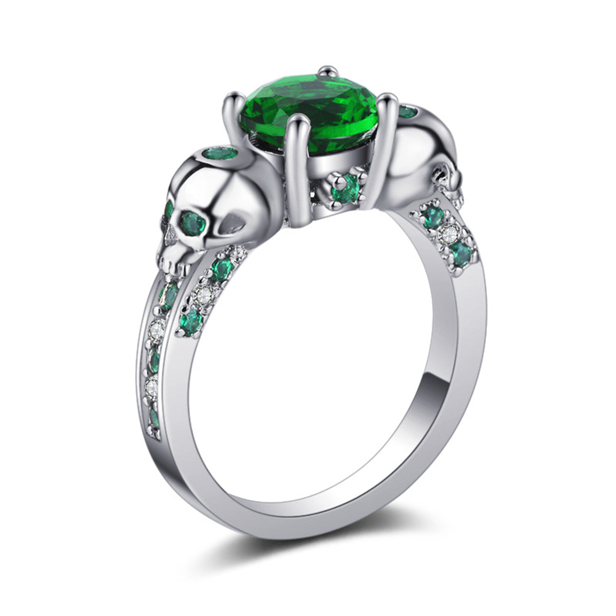 Green Crystal & Cubic Zirconia Skull-Accent Ring