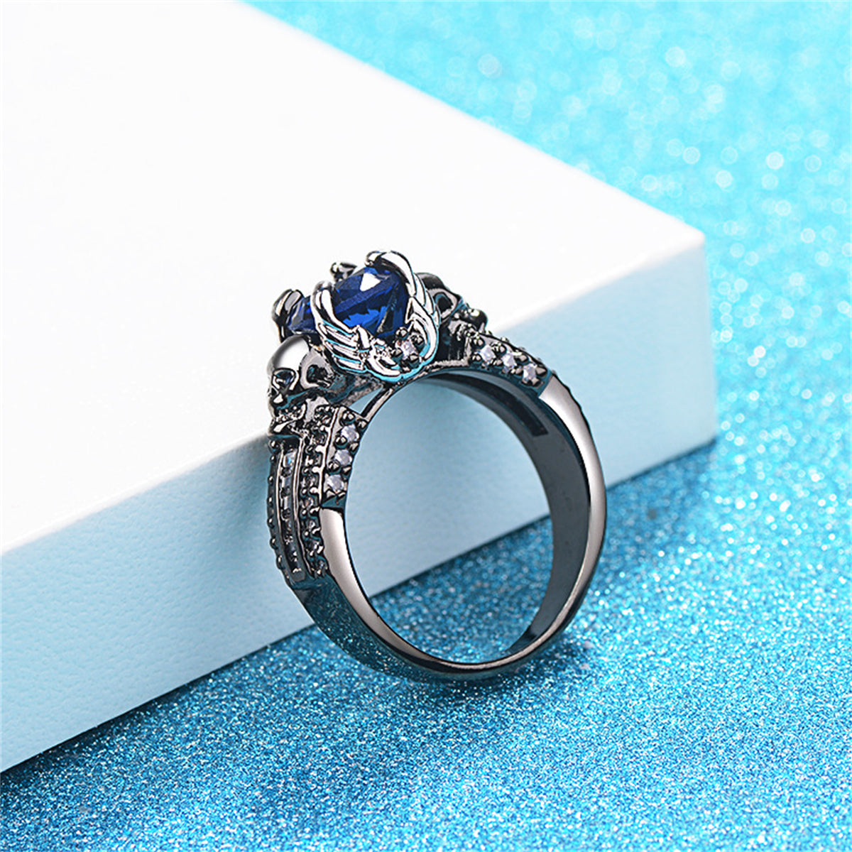 Blue Crystal & Cubic Zirconia Skull Ring