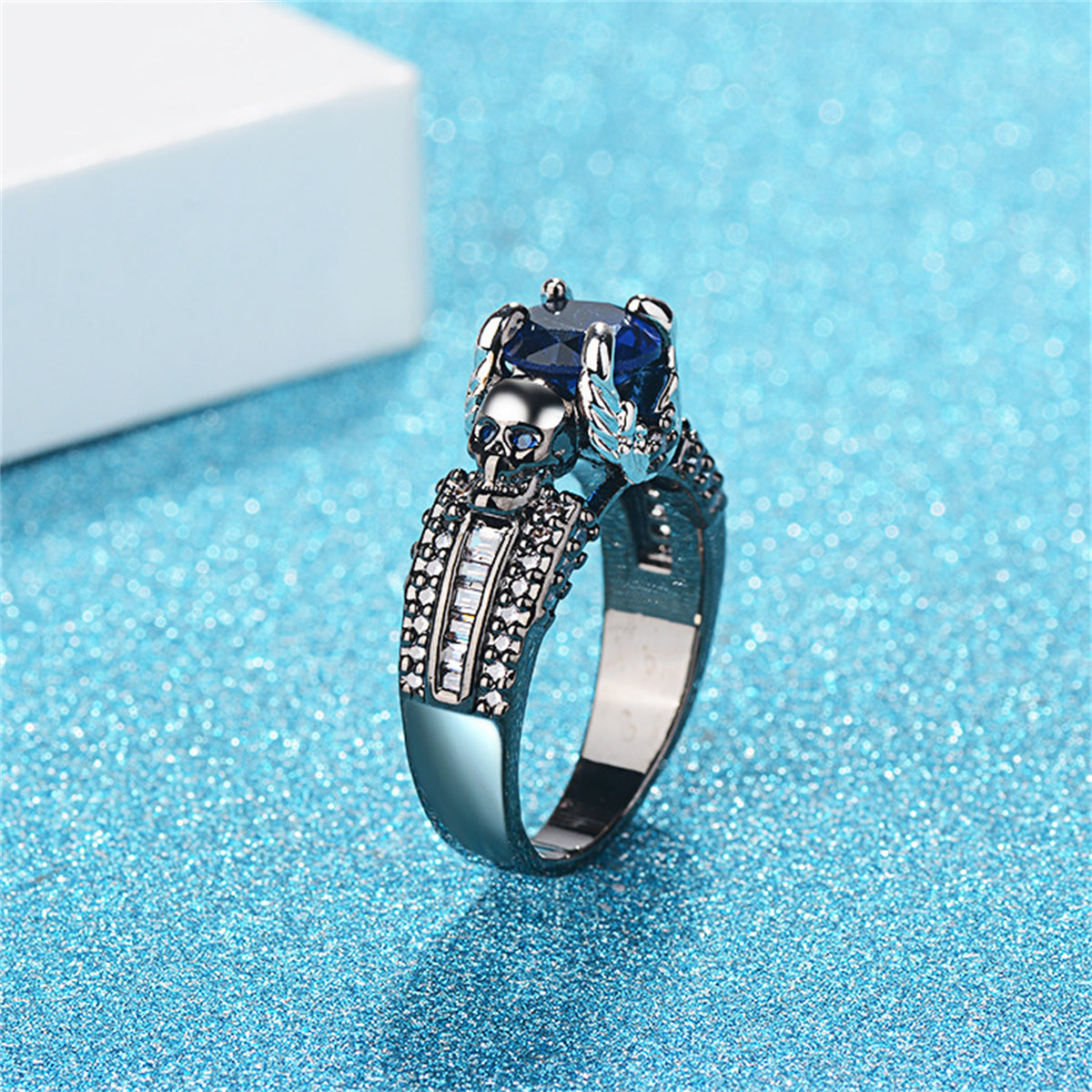 Blue Crystal & Cubic Zirconia Skull Ring