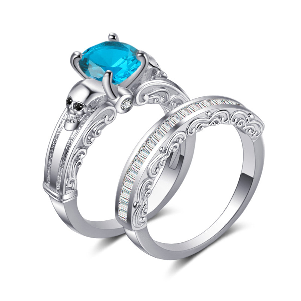 Sea Blue Crystal & Cubic Zirconia Skull Wing Ring Set