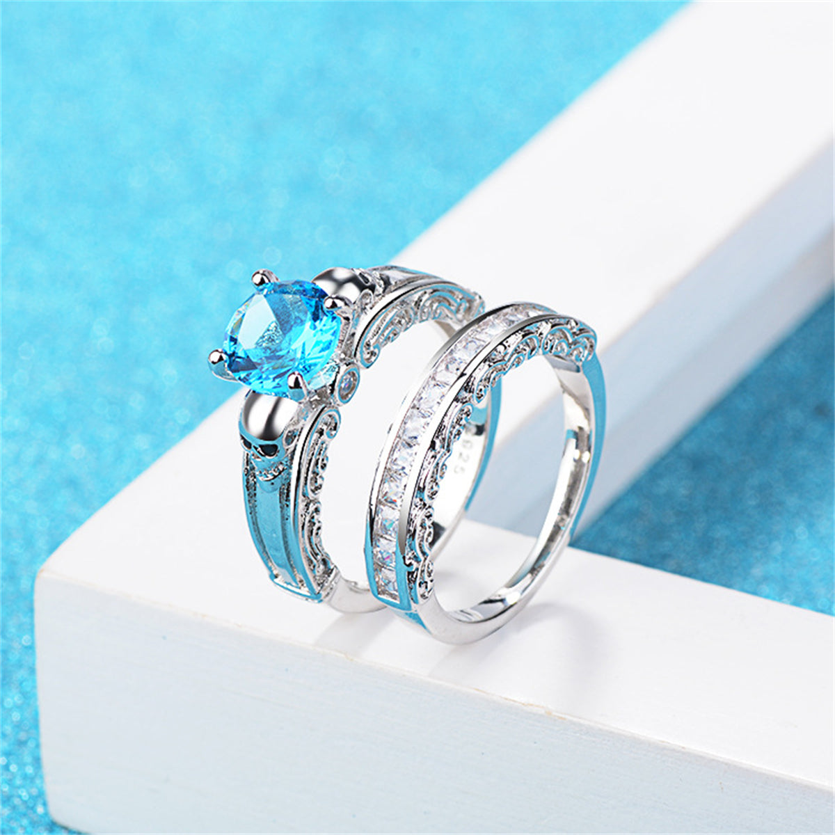 Sea Blue Crystal & Cubic Zirconia Skull Wing Ring Set