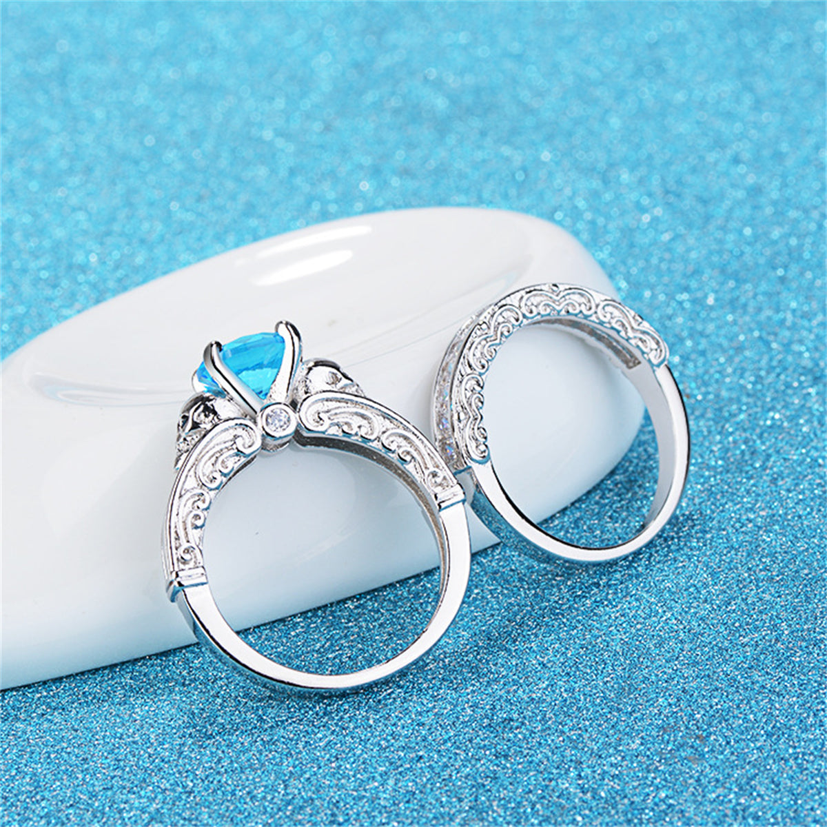 Sea Blue Crystal & Cubic Zirconia Skull Wing Ring Set