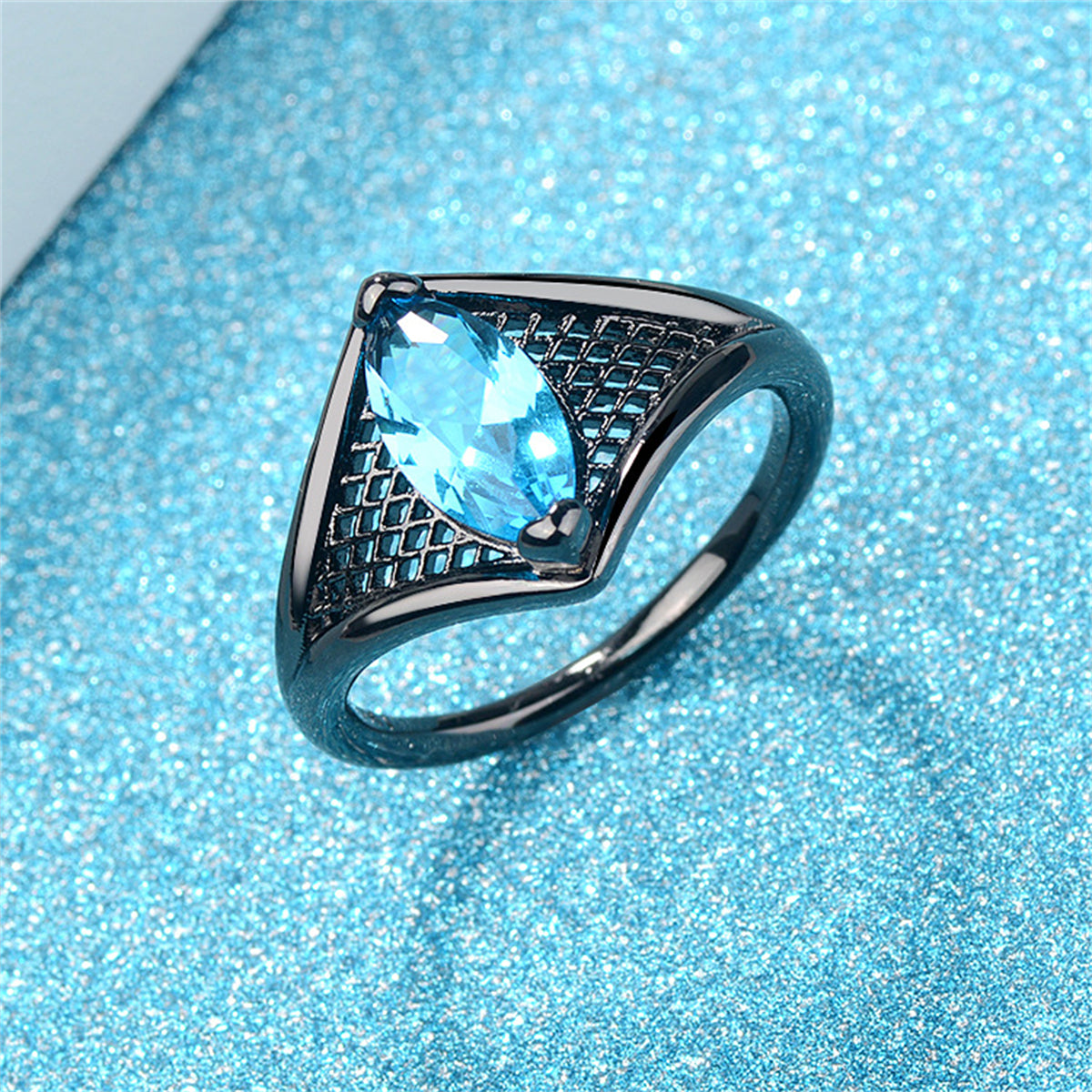 Sea Blue Crystal Black-Tone Marquise Web Ring