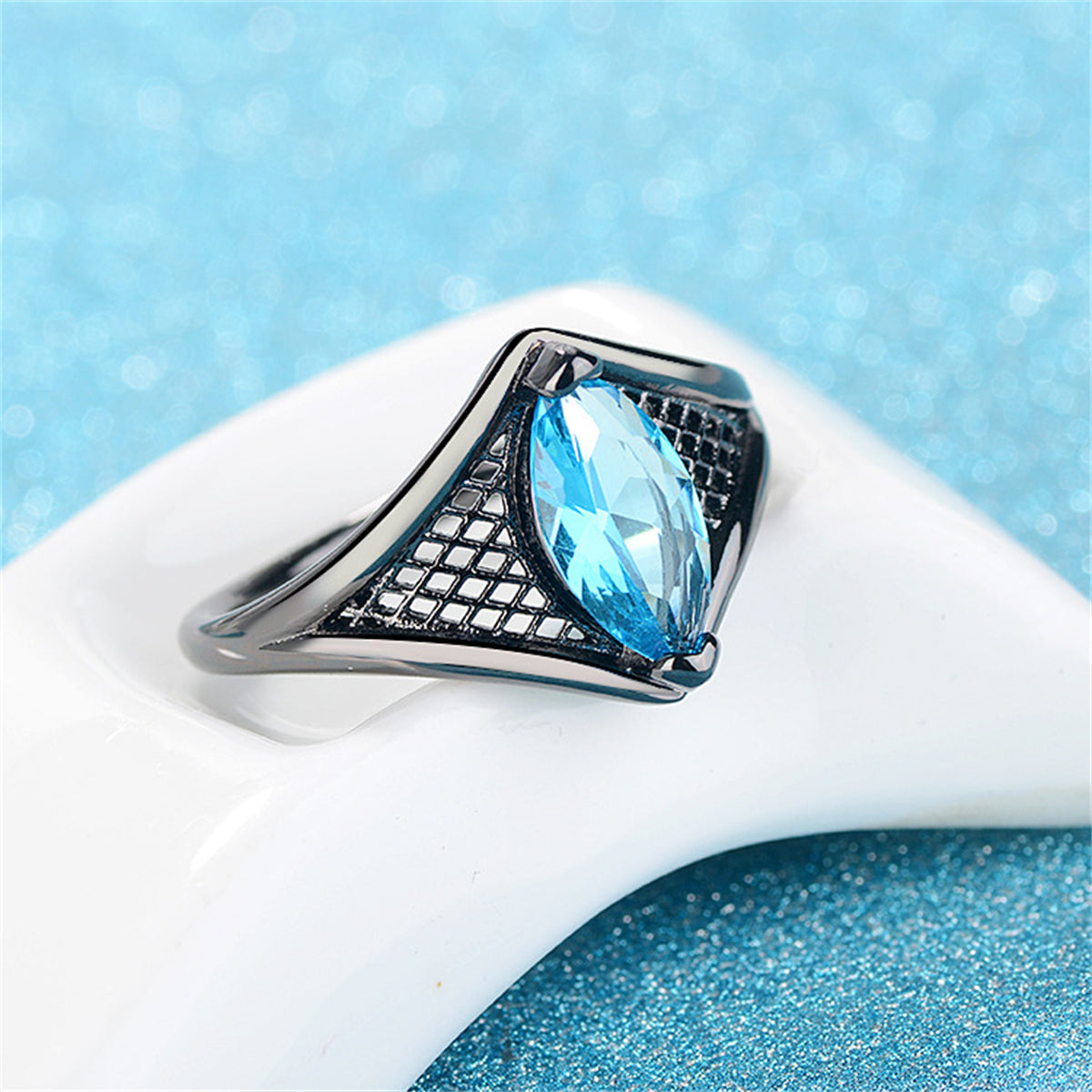 Sea Blue Crystal Black-Tone Marquise Web Ring