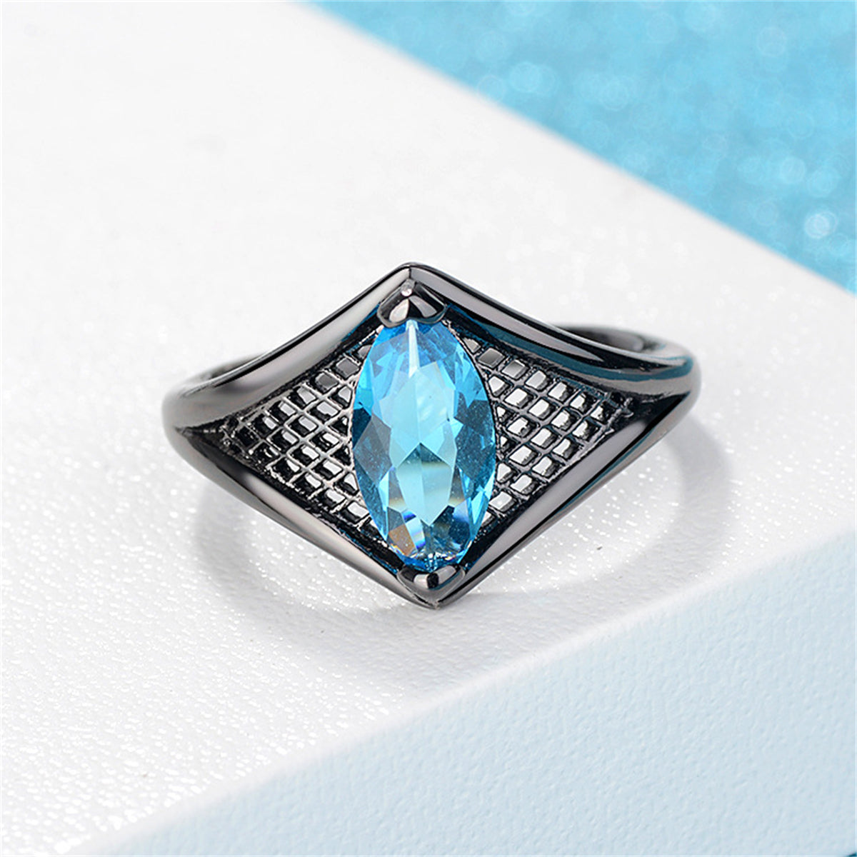 Sea Blue Crystal Black-Tone Marquise Web Ring