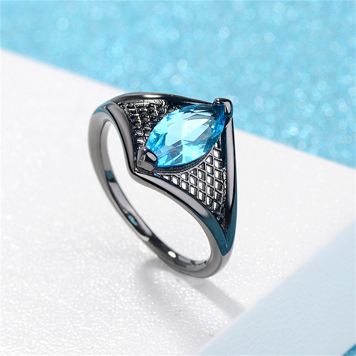 Sea Blue Crystal Black-Tone Marquise Web Ring