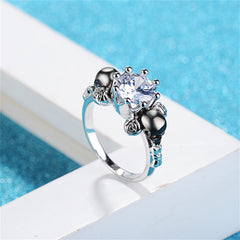 Clear Crystal & Silver-Plated Skull Rose Ring