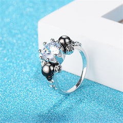 Clear Crystal & Silver-Plated Skull Rose Ring