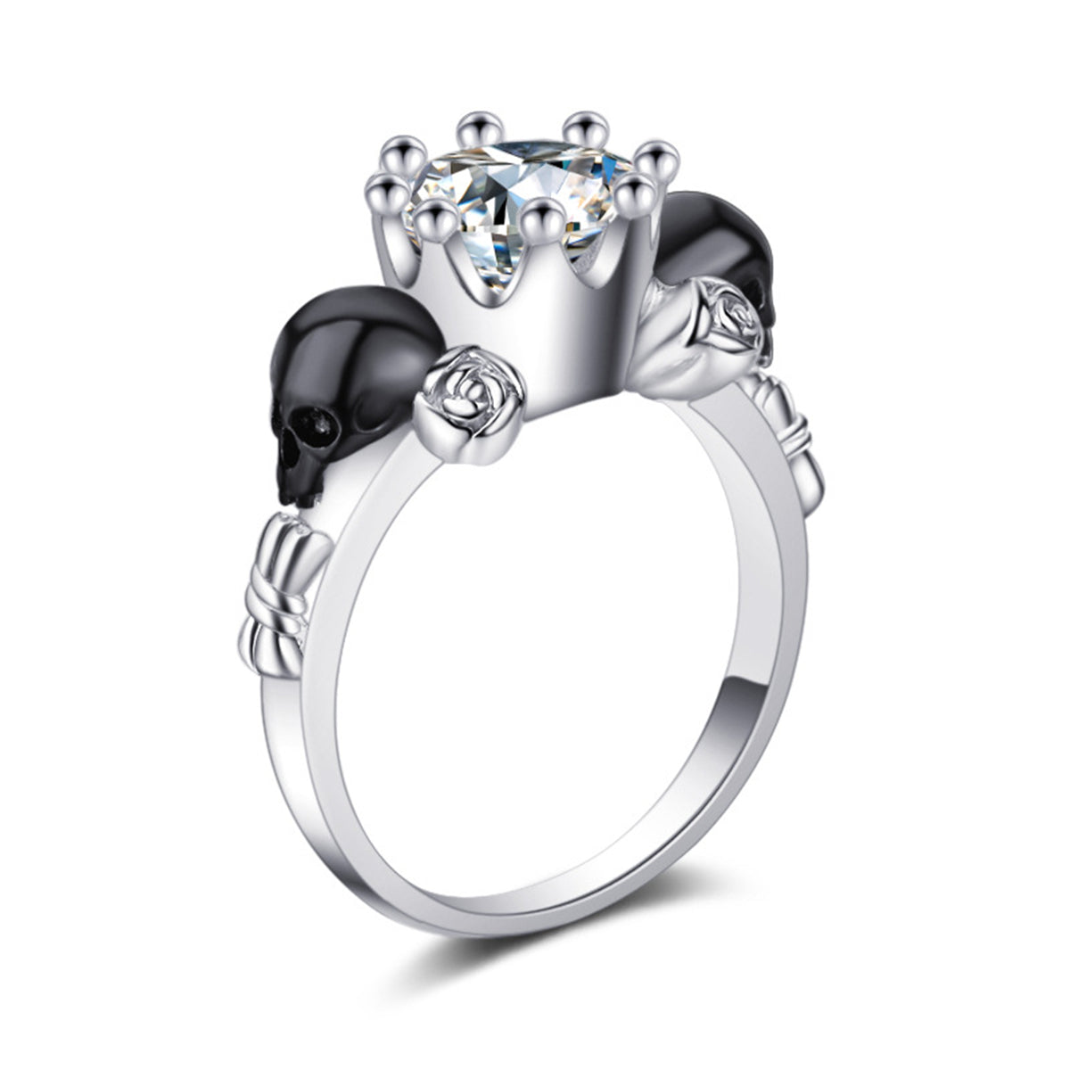 Clear Crystal & Silver-Plated Skull Rose Ring