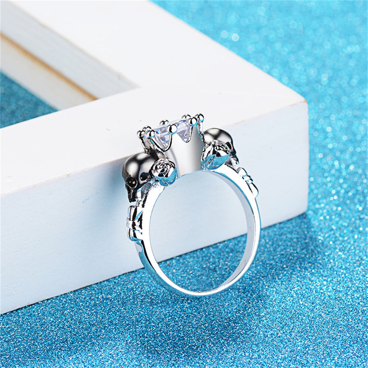 Clear Crystal & Silver-Plated Skull Rose Ring