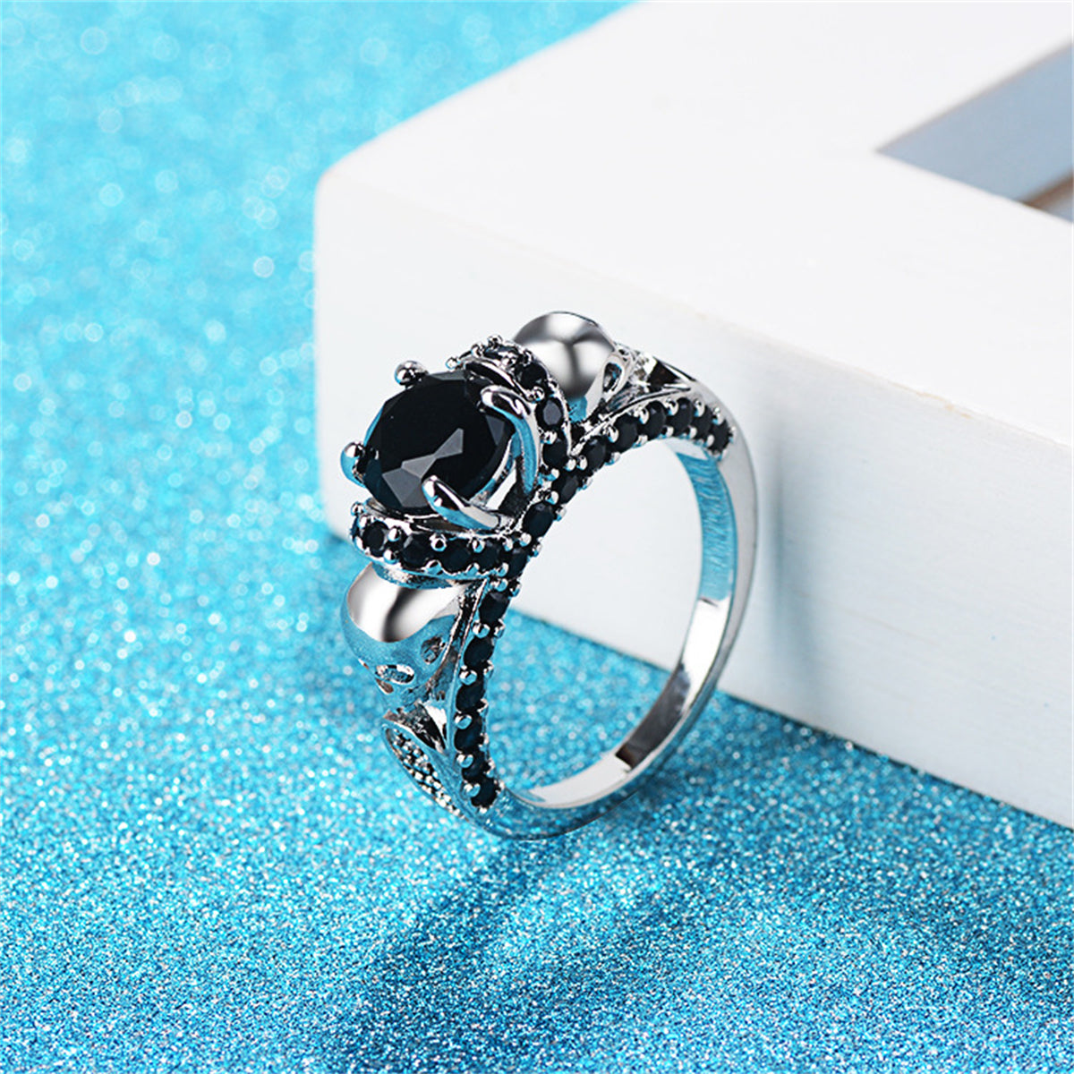 Black Crystal & Silver-Plated Skull Rose Ring