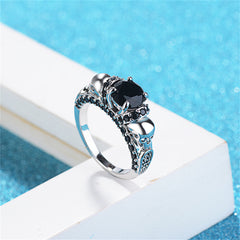 Black Crystal & Silver-Plated Skull Rose Ring