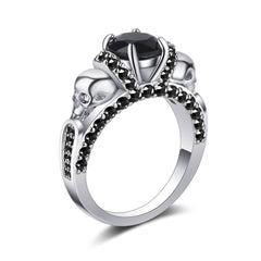 Black Crystal & Silver-Plated Skull Rose Ring