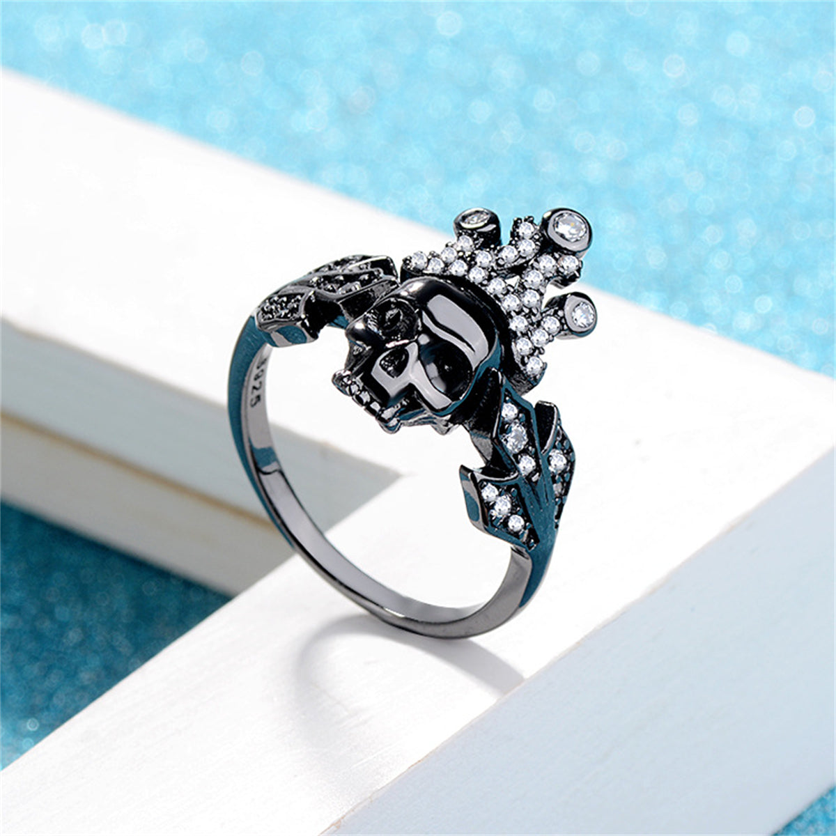 Cubic Zirconia & Black-Tone Crown Skull Ring