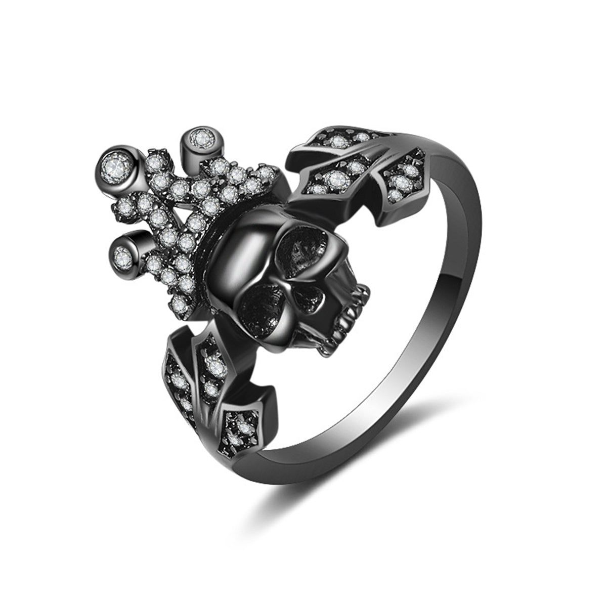 Cubic Zirconia & Black-Tone Crown Skull Ring