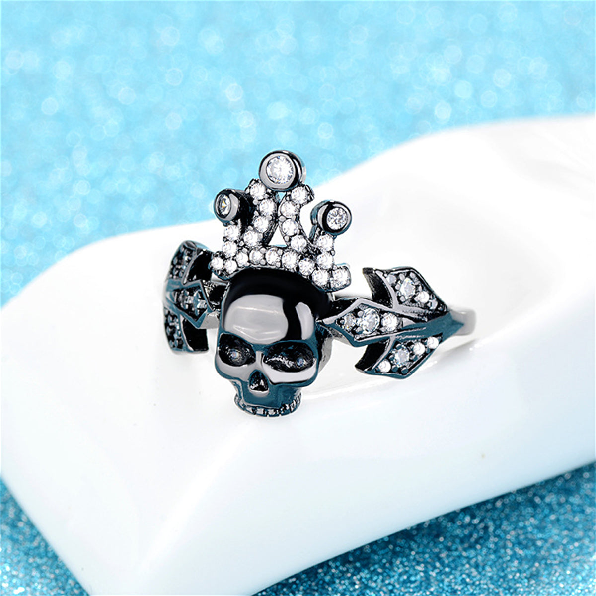 Cubic Zirconia & Black-Tone Crown Skull Ring