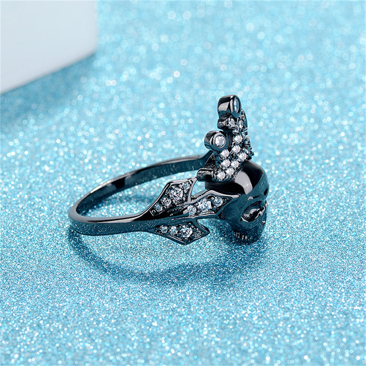 Cubic Zirconia & Black-Tone Crown Skull Ring