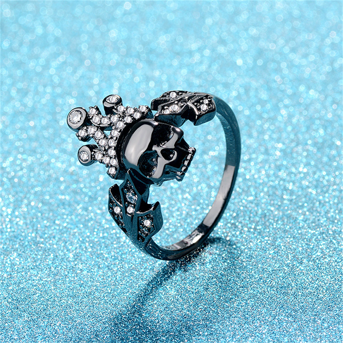 Cubic Zirconia & Black-Tone Crown Skull Ring