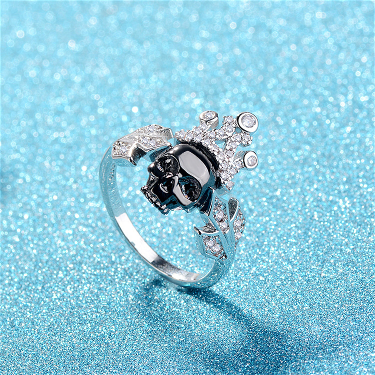 Cubic Zirconia & Silver-Plated Crown Skull Ring