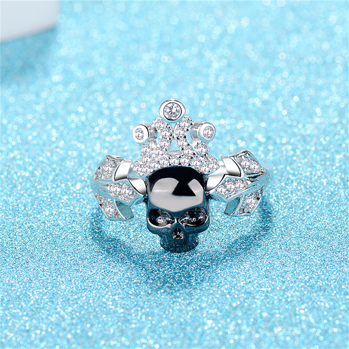 Cubic Zirconia & Silver-Plated Crown Skull Ring