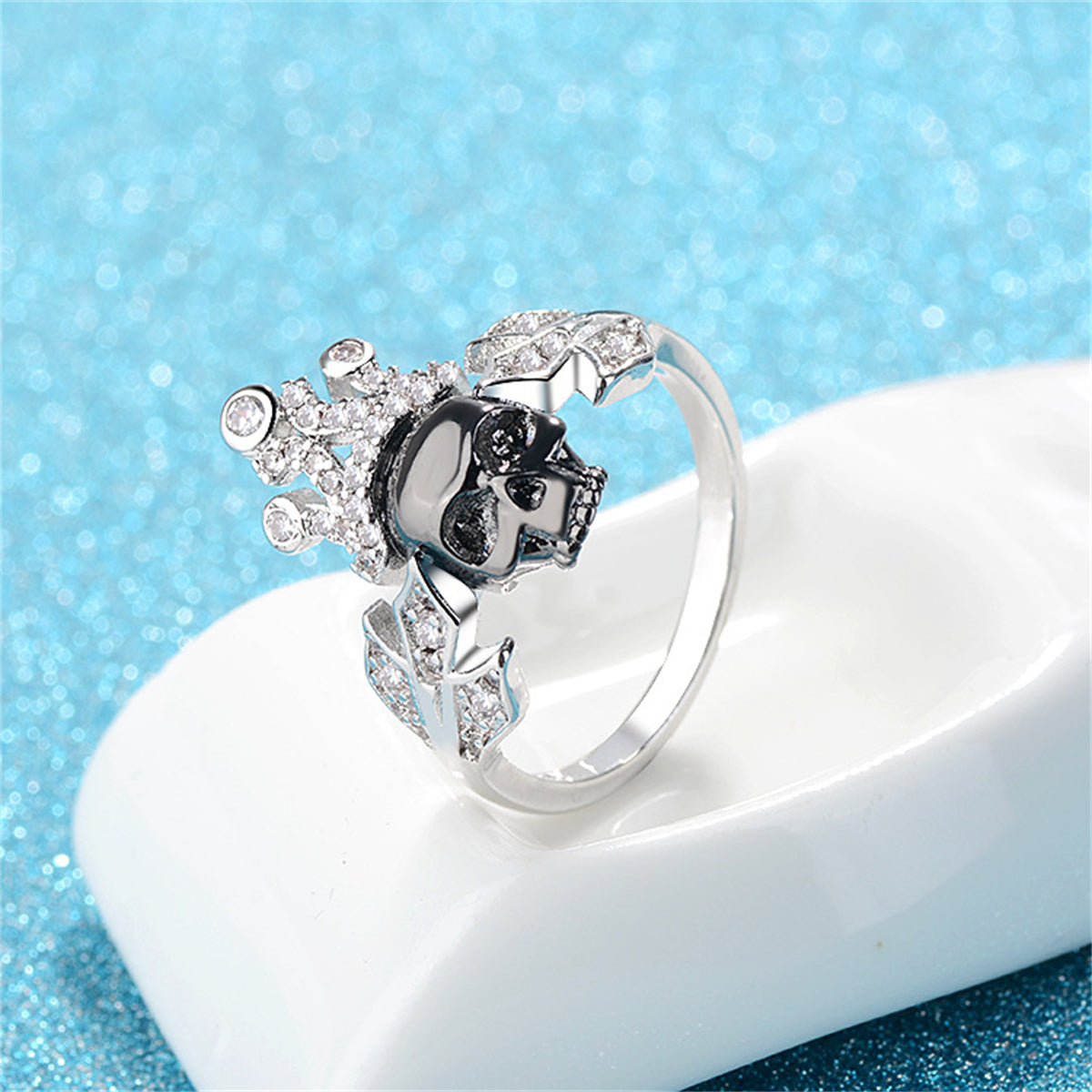 Cubic Zirconia & Silver-Plated Crown Skull Ring