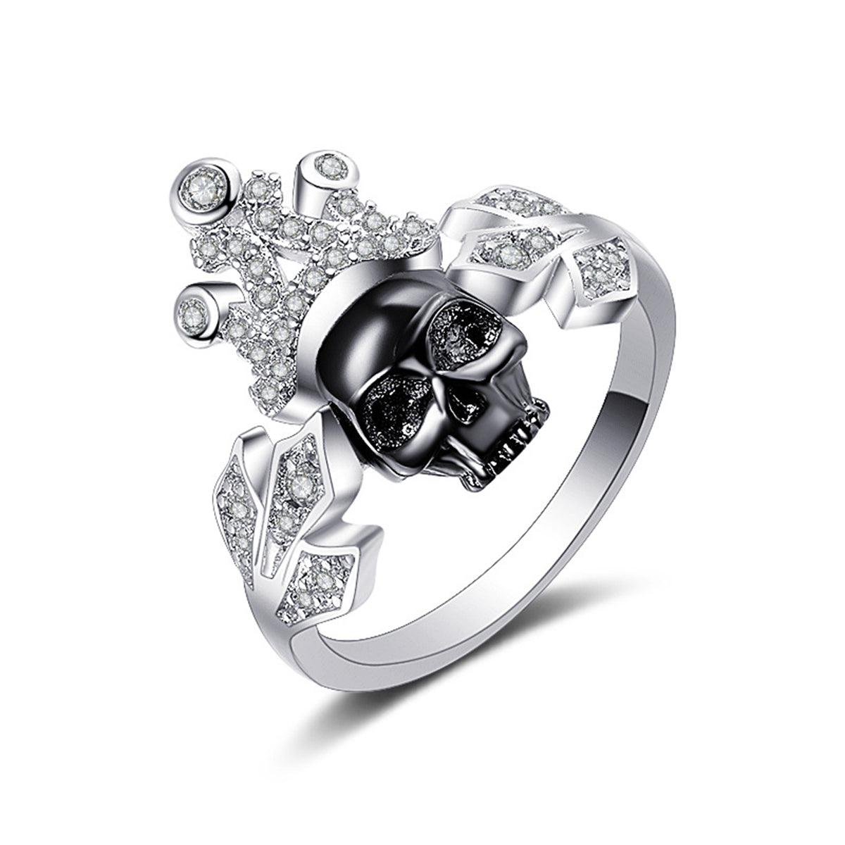 Cubic Zirconia & Silver-Plated Crown Skull Ring