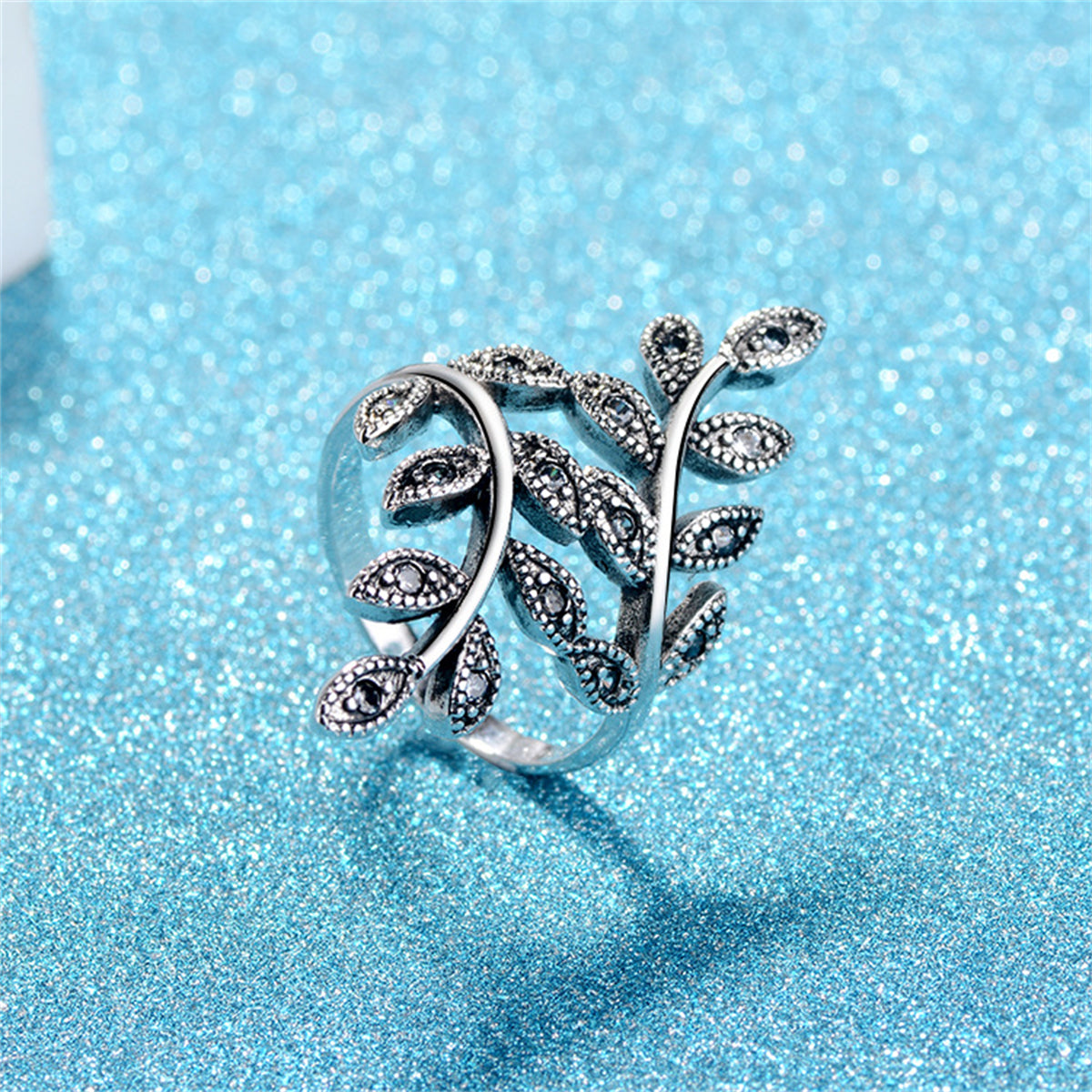 Cubic Zirconia & Silver-Plated Leaves Bypass Ring