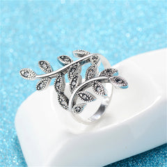 Cubic Zirconia & Silver-Plated Leaves Bypass Ring