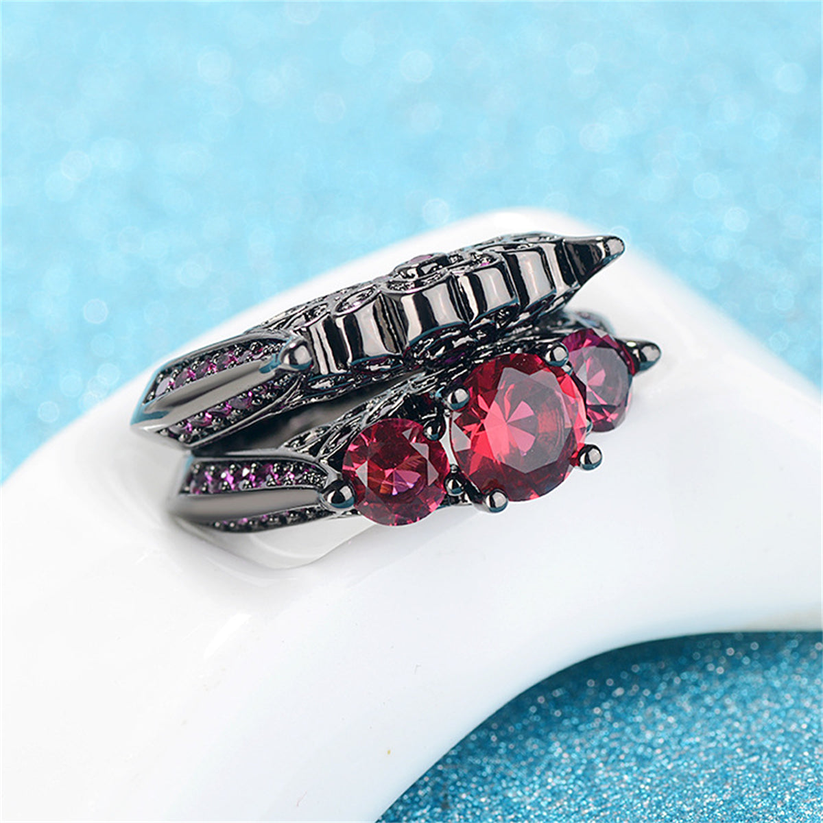 Red Crystal & Cubic Zirconia Botanical Ring Set