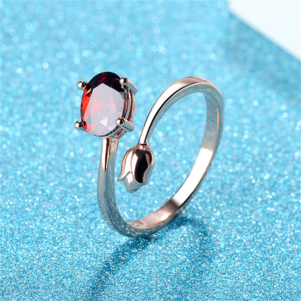 Red Crystal & 18K Rose Gold-Plated Rose Bypass Ring