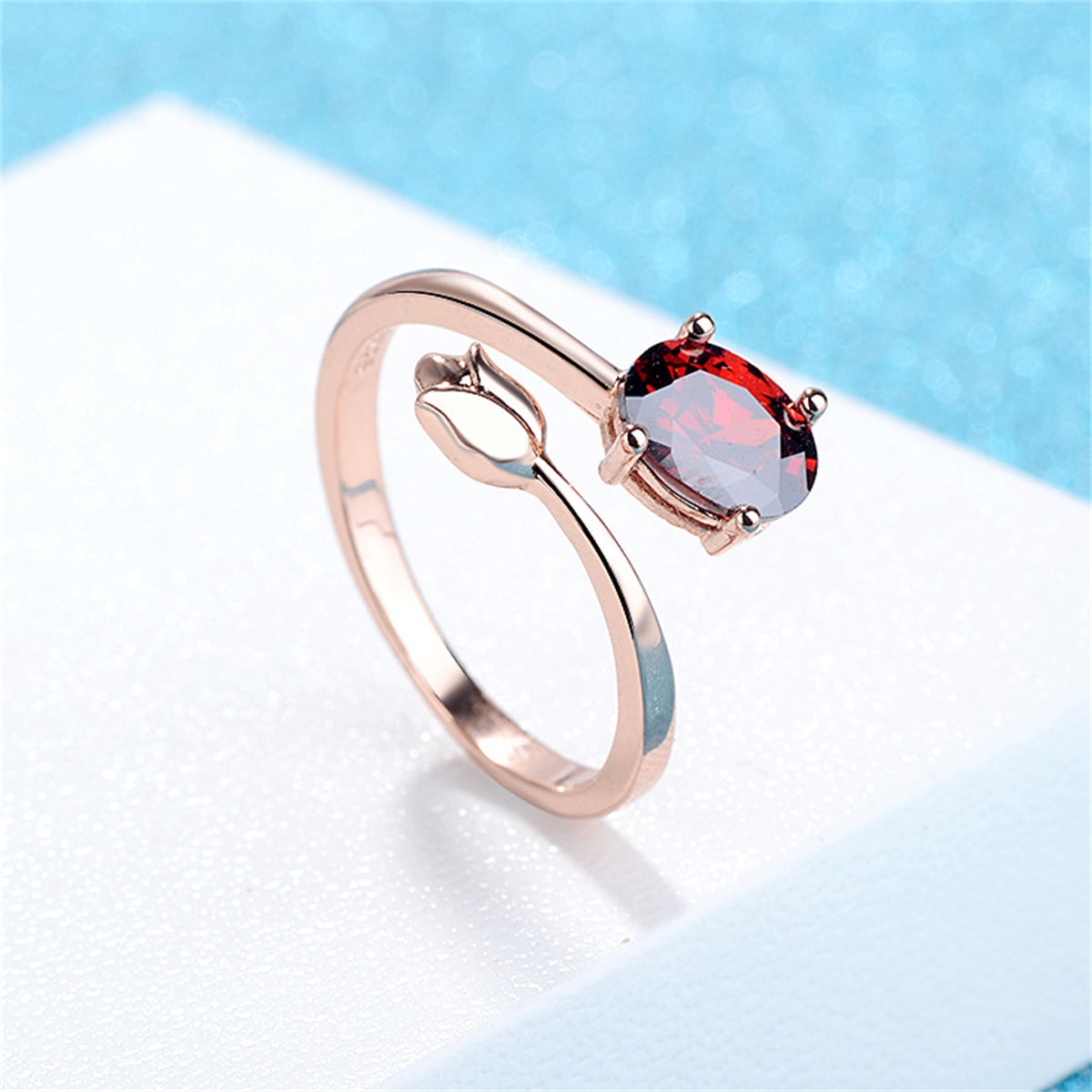 Red Crystal & 18K Rose Gold-Plated Rose Bypass Ring