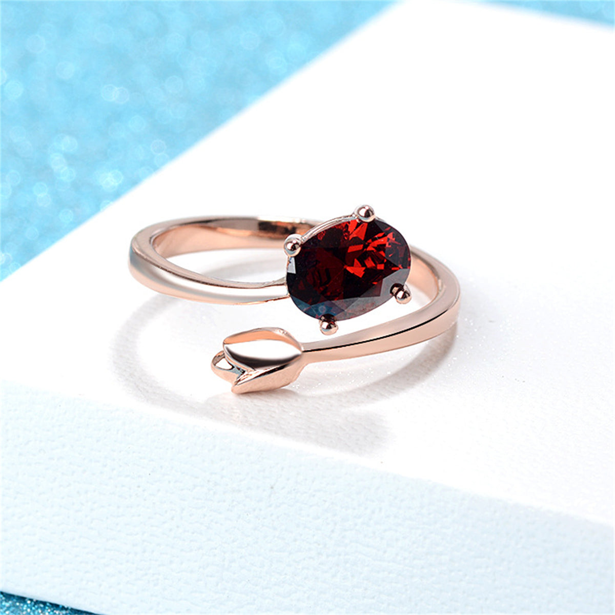 Red Crystal & 18K Rose Gold-Plated Rose Bypass Ring