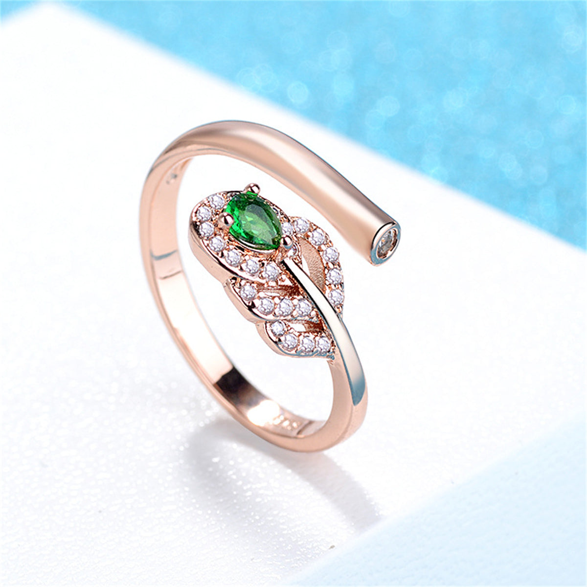 Green Crystal & Clear Cubic Zirconia Leaf Bypass Ring