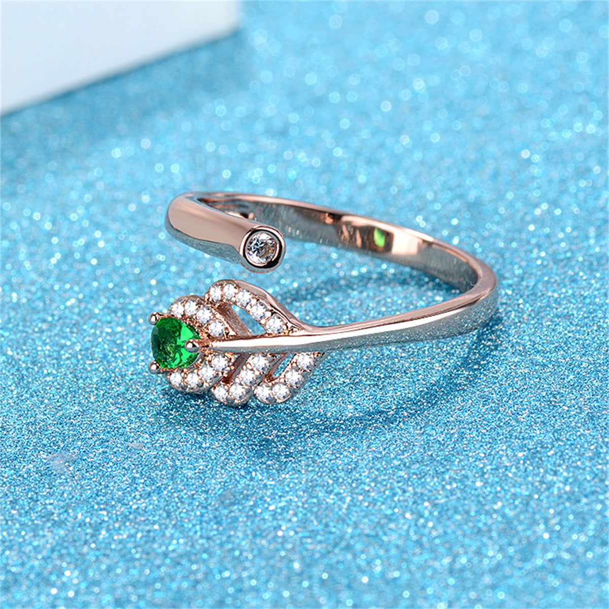 Green Crystal & Clear Cubic Zirconia Leaf Bypass Ring