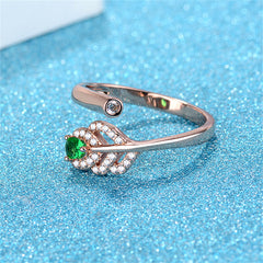 Green Crystal & Clear Cubic Zirconia Leaf Bypass Ring