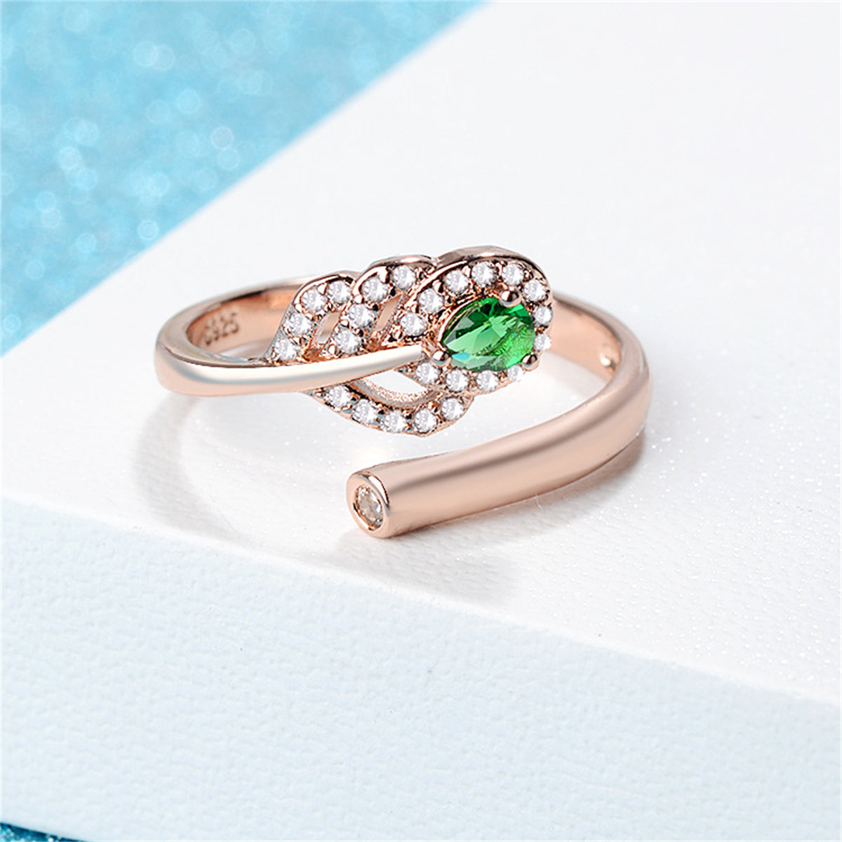 Green Crystal & Clear Cubic Zirconia Leaf Bypass Ring